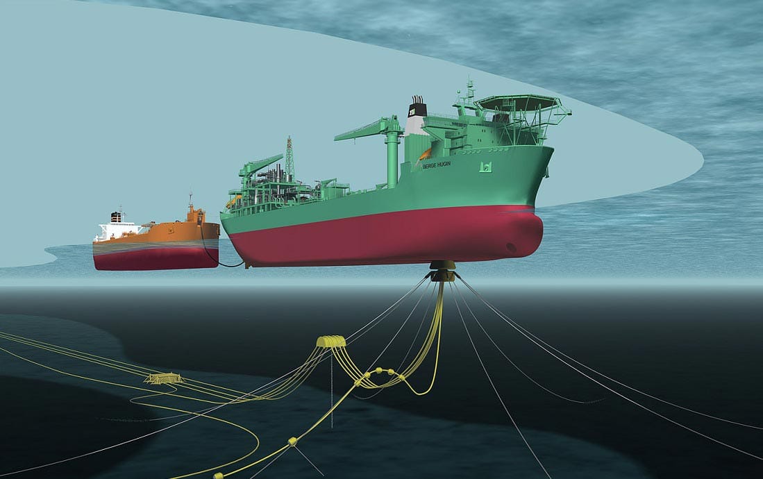 Illustration showing the Haewene Brim (including subsea infrastructure) while offloading to a shuttle tanker